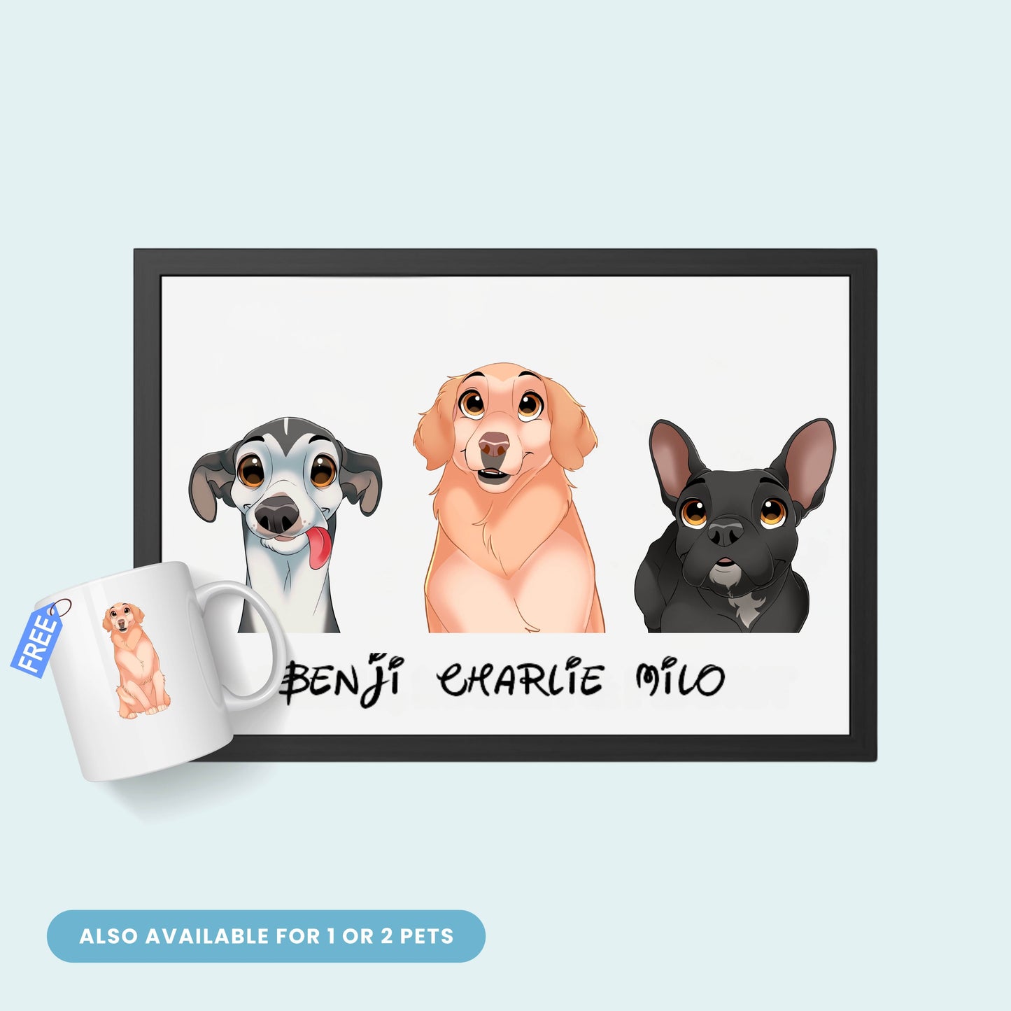 Custom Cartoon Portrait - 3 Pets