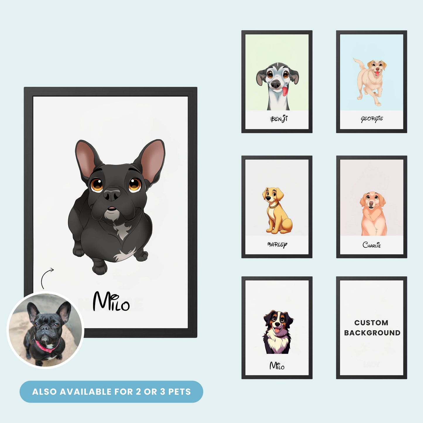 Custom Cartoon Portrait - 3 Pets